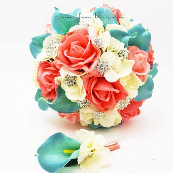 Coral Ivory Aqua Bridal Bouquet Rhinestone Brooches Wedding Bouquet - add a Groom Boutonniere - Choose Your Ribbon - Coral Ivory Aqua Blue