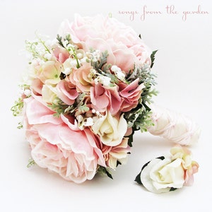 Bridal or Bridesmaid Wedding Bouquet Lily of the Valley Peonies Roses Hydrangea Pink White Add Groom's Boutonniere Flower Crown and More image 2