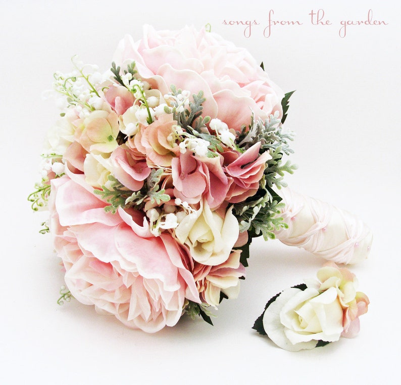 Bridal or Bridesmaid Wedding Bouquet Lily of the Valley Peonies Roses Hydrangea Pink White Add Groom's Boutonniere Flower Crown and More image 2