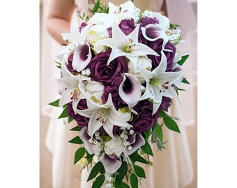 White Tiger Lilies Plum Roses Navy Callas - Cascade Bridal Bridesmaid Bouquet Groom Groomsmen Boutonniere Add Flower Crown Corsages & More!