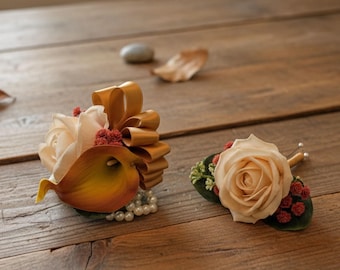 Orange Ivory Rose Corsage & Boutonniere Set – Faux Wedding Prom Flowers
