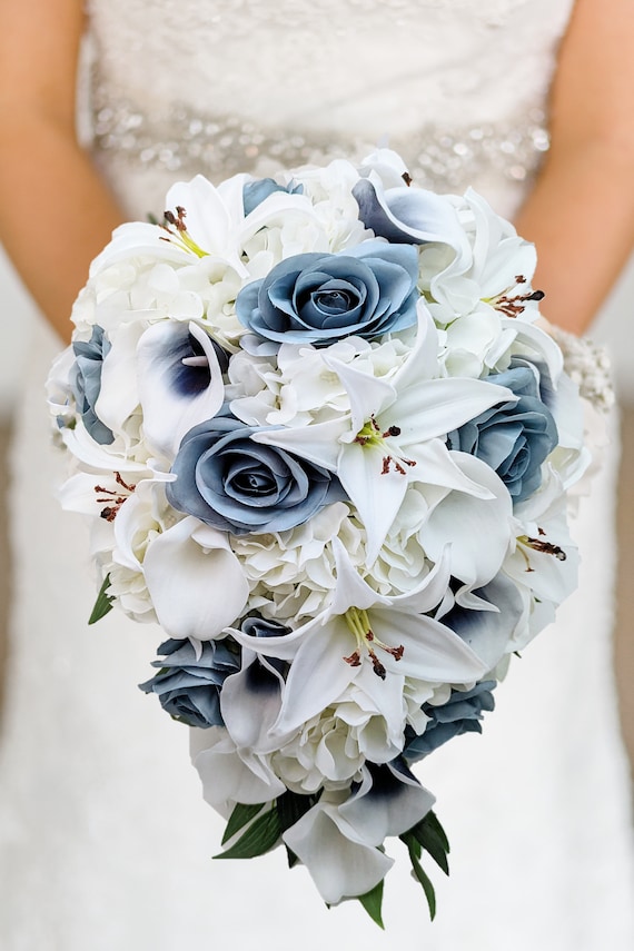 Cascade Bridal Bouquet Navy Blue Callas Dusty Blue Roses Real Touch Tiger  Lilies Add Boutonniere Wedding Centerpiece Flower Crown & More 