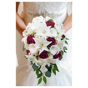 Artificial Bridal Bouquet Real Touch White Tiger Lilies Burgundy Roses - Add Groom Boutonniere Bridesmaid Bouquet Prom Corsage Crown & More!