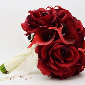 Deep Red Silk Roses with Real Touch Calla Lilies Bridal or Bridesmaid Bouquet - add a Groom's Boutonniere Corsage Cake Flowers and More!