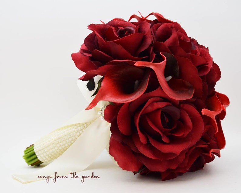 Deep Red Silk Roses with Real Touch Calla Lilies Bridal or Bridesmaid Bouquet - add a Groom's Boutonniere Corsage Cake Flowers and More! 