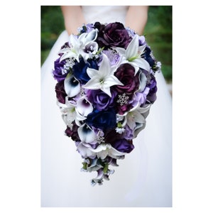 Cascade Bridal Bouquet Real Touch Plum Purple Roses Calla Tiger Lilies - Add Groom Boutonniere Flower Crown Wedding Arch Flowers & More!