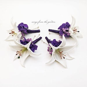 White Tiger Lily Purple Accents Groom Groomsmen Boutonniere Buttonhole - Customize Your Wedding Colors - Wedding Prom Boutonniere