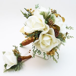 Winter Wedding Bridal Bouquet Evergreens Gold & White Bouquet Eucalyptus Pine Cones Real Touch Roses add a Groom's Boutonniere and More 6" bouquet + bout