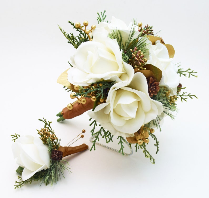 Winter Wedding Bridal Bouquet Evergreens Gold & White Bouquet Eucalyptus Pine Cones Real Touch Roses add a Groom's Boutonniere and More 6" bouquet + bout