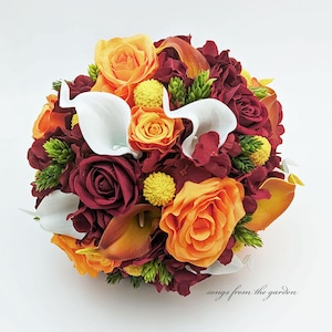 Fall Bridal Bouquet Burgundy Orange White Calla Lilies Roses Add Groom Boutonniere Bridesmaid Bouquet Corsage Artificial Wedding Flowers