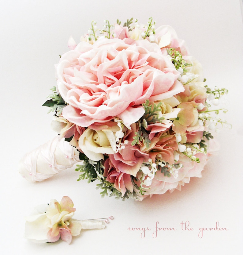 Bridal or Bridesmaid Wedding Bouquet Lily of the Valley Peonies Roses Hydrangea Pink White Add Groom's Boutonniere Flower Crown and More image 3