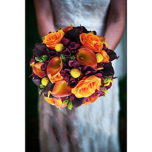 Fall Wedding Bouquet Plum Burnt Orange Calla Lilies Roses Yellow Craspedia -Bridal Bouquet Add Groom&#39;s Boutonniere Matching Corsage and More