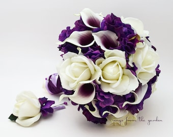 Purple White Real Touch Bridal or Bridesmaid Bouquet - Add a Groom or Groomsman Boutonniere or Matching Corsage, Cake Flowers, Crown & More!