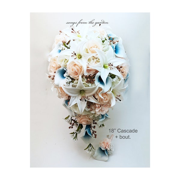 Aqua Blush Rose Gold Cascade Bridal Bouquet - Add Bridesmaid Bouquets Boutonnieres Corsages Flower Crown Wedding Arch Flowers Centerpieces