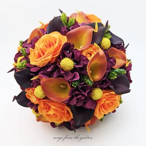 Fall Bridal Bouquet Plum Burnt Orange Yellow Calla Lilies Roses - Autumn Wedding Bouquet Groom&#39;s Boutonniere - Customize for your Colors