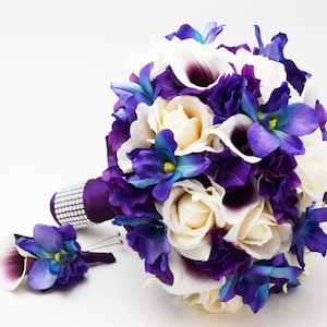 Blue Galaxy Orchid Bridal or Bridesmaid Bouquet - add a Groom&#39;s or Groomsmen Boutonniere or Arch Flowers Centerpieces Corsages and More!