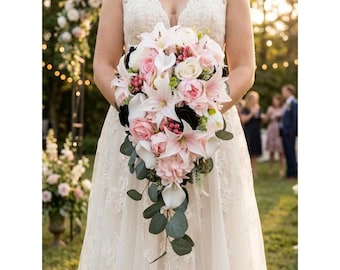Cascade Bridal Bouquet Black Blush Pink White - Add Boutonniere Centerpiece Chair Flowers & More!