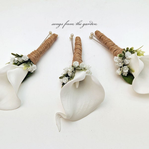 Real Touch White Calla Lily Baby's Breath Boutonniere Groom Groomsmen Burlap Ribbon - Customize for Your Wedding Colors - Prom Boutonniere