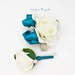Teal and White with Rhinestones Real Touch Rose Wedding Boutonniere Wedding Corsage Mother of the Bride Father Flowers Prom Corsage 