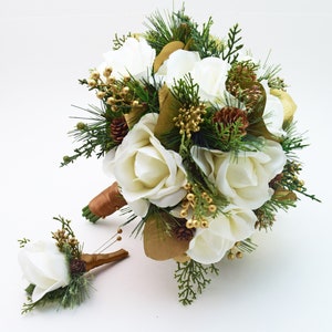 Winter Wedding Bridal Bouquet Evergreens Gold & White Bouquet Eucalyptus Pine Cones Real Touch Roses add a Groom's Boutonniere and More 10" bouquet + bout