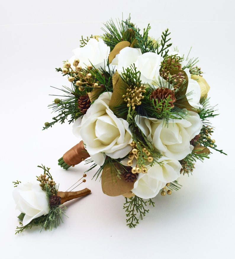 Winter Wedding Bridal Bouquet Evergreens Gold & White Bouquet Eucalyptus Pine Cones Real Touch Roses add a Groom's Boutonniere and More 10" bouquet + bout