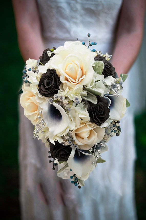 Black Navy and Ivory Cascade Bridal Bouquet – Add  display picture 1