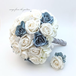 Dusty Blue & White Rose Bridal or Bridesmaid Bouquet Prom Roses Rhinestones Brooches - add Groom Groomsmen Boutonniere Cake Flowers and More