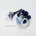 Navy & Dusty Blue Corsage Boutonniere Prom Wedding - Choose Your Ribbon