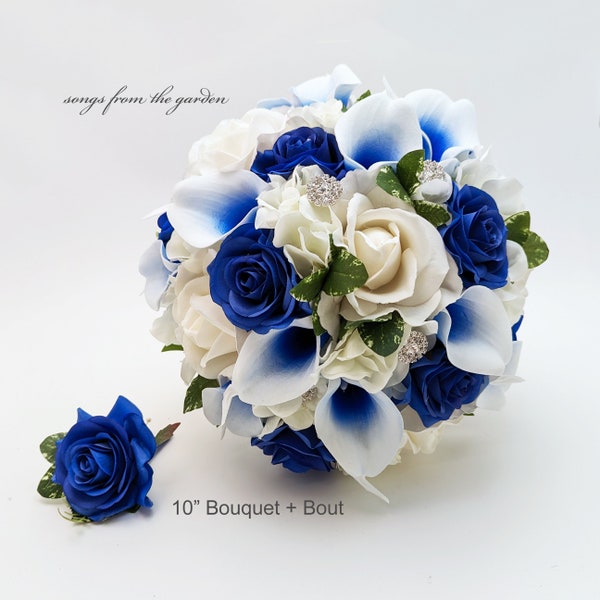 Real Touch Bridal or Bridesmaid Bouquet  Royal Blue Roses Callas - add a Groom or Groomsman Boutonniere Matching Corsage & More!