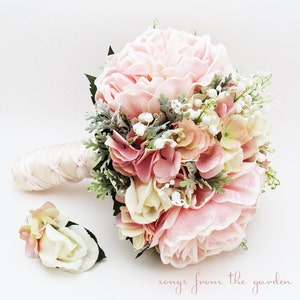 Bridal or Bridesmaid Wedding Bouquet Lily of the Valley Peonies Roses Hydrangea Pink White Add Groom's Boutonniere Flower Crown and More image 4