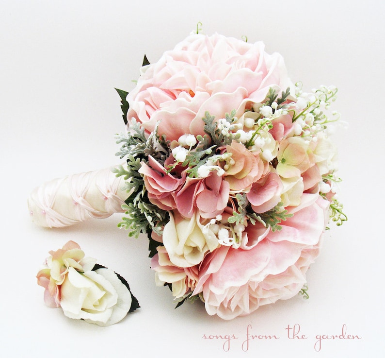 Bridal or Bridesmaid Wedding Bouquet Lily of the Valley Peonies Roses Hydrangea Pink White Add Groom's Boutonniere Flower Crown and More image 4