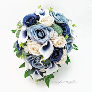 Cascade Bridal Bouquet Navy Blue Callas Dusty Blue Champagne Roses - Add Groom Boutonniere Bridesmaids Bouquets Corsage Flower Crown & More!