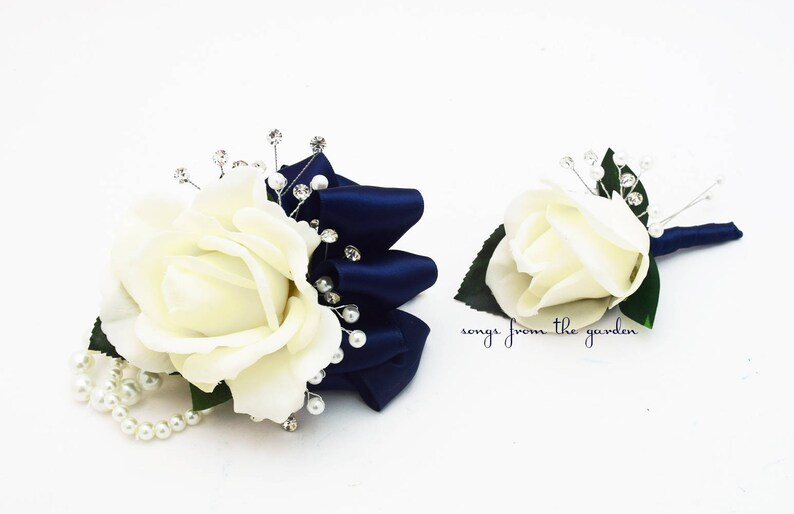 White Navy Real Touch Rose Wedding Boutonniere & Wedding Corsage with Crystals and Pearl Accents Wedding Homecoming Prom Corsage 