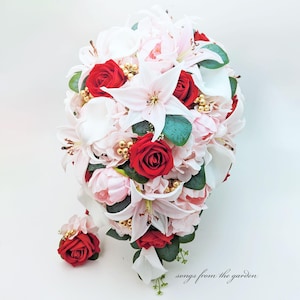 Cascade Bridal Bouquet - Blush Pink Red White Gold - Tiger Lily Roses Peonies Berries Add Bridesmaid Bouquet Groom Boutonniere Corsage More