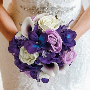 Galaxy Blue Orchid Callas Lavender Roses Bridal or Bridesmaid Bouquet - add a Groom&#39;s or Groomsmen Boutonniere Wedding Corsage Crown & More!