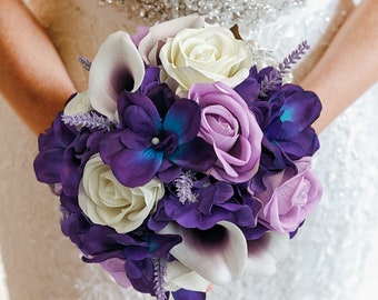 Galaxy Blue Orchid Callas Lavender Roses Bridal or Bridesmaid Bouquet - add a Groom's or Groomsmen Boutonniere Wedding Corsage Crown & More!