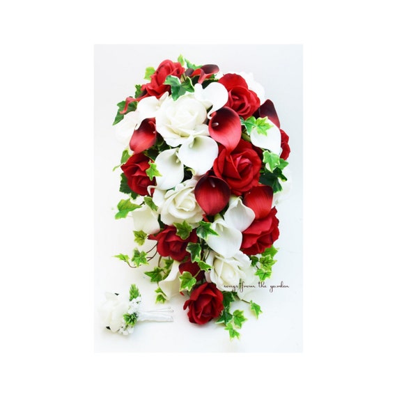 Cascade Bridal Bouquet Red White Callas Roses Ivy Greenery Add a Groom's  Boutonniere Bridesmaid Bouquet Corsage Centerpiece and More 