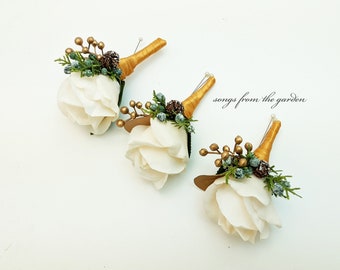 Winter Boutonnieres - White Real Touch Rose Pinecone Evergreens Gold Berries Accent  - Wedding Groom Groomsmen Prom Homecoming Boutonniere