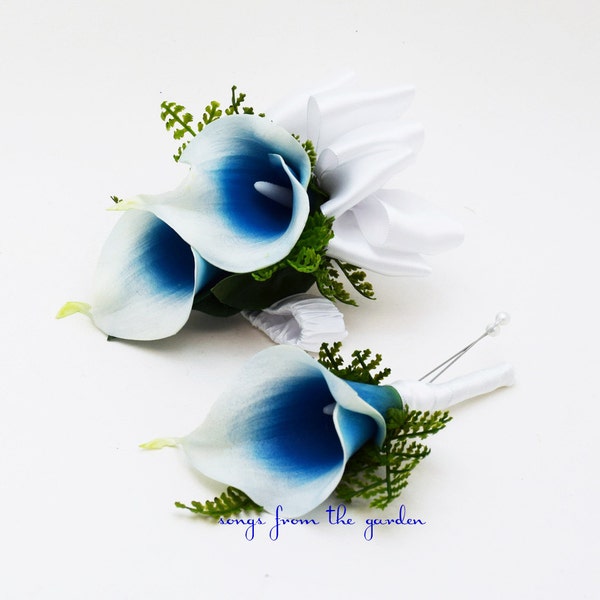 Real Touch Royal Blue Picasso Calla Lily Boutonniere Or Corsage - Choose Your Ribbon Color - Wedding Prom Homecoming Corsage Boutonniere