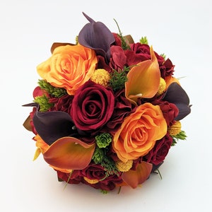 Fall Bridal Bouquet Burgundy Orange Yellow Plum Calla Lilies Roses Add Groom Boutonniere Bridesmaid Bouquet Corsage for Your Wedding Package