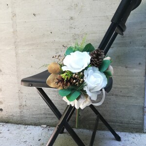 Winter Wedding Bridal Bouquet Evergreens Gold & White Bouquet Eucalyptus Pine Cones Real Touch Roses add a Groom's Boutonniere and More image 8