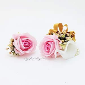 Wedding Prom Homecoming Corsage and Boutonniere Pink Rose Gold Berries Champagne Accents Faux Artificial Flowers - Choose Your Ribbon Color