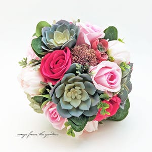 Bridal Bouquet Hot Pink Blush Pink Roses Peonies Succulents Greenery - Add Groom Boutonniere Bridesmaid Bouquet Corsage Flower Crown & More!