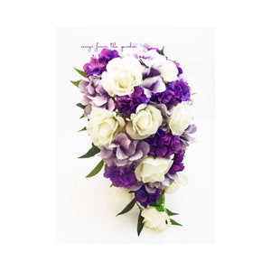 Cascade Bridal Bouquet White, Purple and Lavender Roses Hydrangea - Add Groom Boutonneire Bridesmaid Bouqeut Arch Flowers and More!