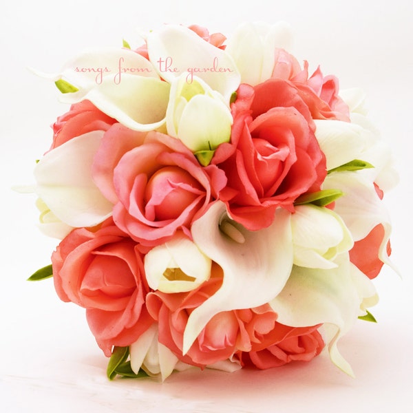 Coral and White Callas Tulips Roses Bridal or Bridesmaids Bouquet - add a Groom's Boutonniere Real Touch Roses Callas Wedding Flower Bouquet