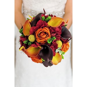 Fall Faux Bridal Bouquet Burgundy Burnt Orange Yellow Plum - Groom Boutonniere Bridesmaid Prom Homecoming Bouquet Corsage Flower Crown More