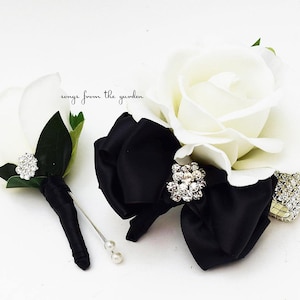 Black and White with Rhinestones Real Touch Rose Wedding Boutonniere Wedding Corsage Mother of the Bride Father Flowers Prom Corsage