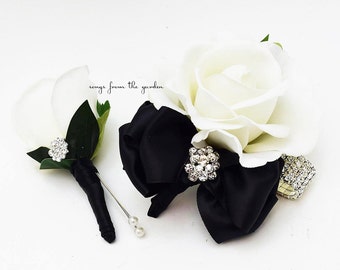 Black and White with Rhinestones Real Touch Rose Wedding Boutonniere Wedding Corsage Mother of the Bride Father Flowers Prom Corsage