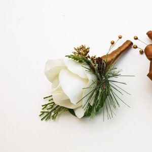 Winter Wedding Bridal Bouquet Evergreens Gold & White Bouquet Eucalyptus Pine Cones Real Touch Roses add a Groom's Boutonniere and More Boutonniere Only