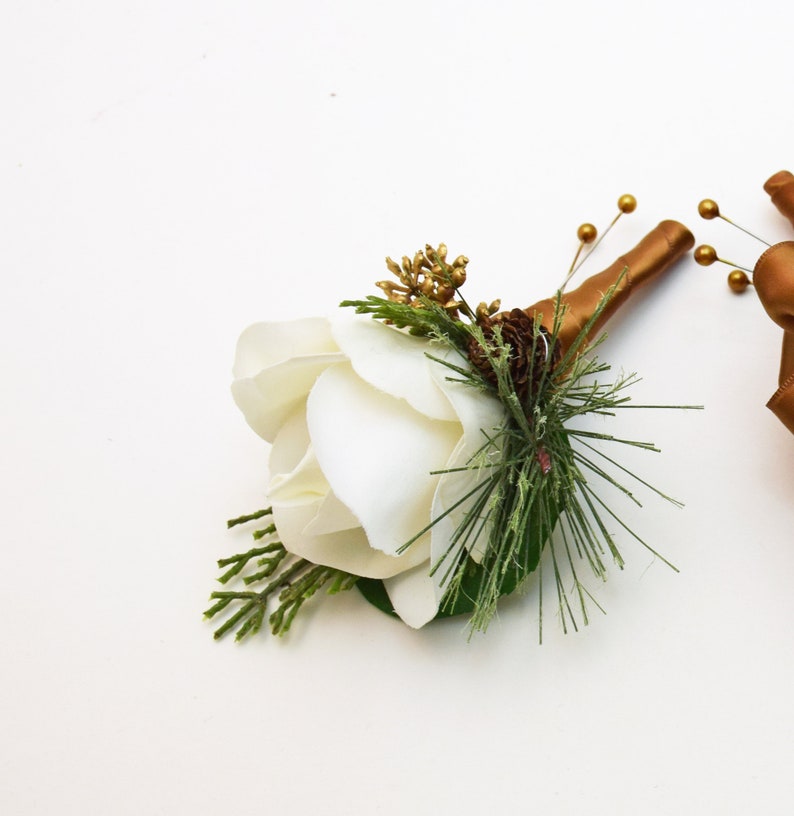 Winter Wedding Bridal Bouquet Evergreens Gold & White Bouquet Eucalyptus Pine Cones Real Touch Roses add a Groom's Boutonniere and More Boutonniere Only